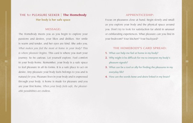 Interior spread from the guidebook of "Pleasure Alchemy" showing the entries for the card The 1st Pleasure Seeker: The Homebody